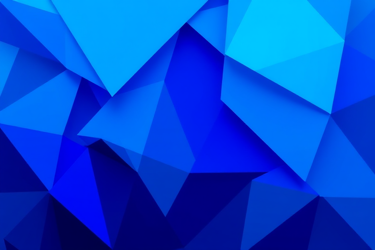 Create a vibrant geometric abstract background with various blue shapes and shades, using a Canon EOS R5, f/4 aperture, ISO 100, 24mm lens, and soft focus to enhance depth and texture.