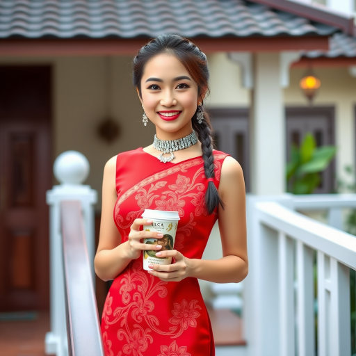 Chinese girl with a sweet smile wearing a red shivalai Thai dress, diamond jewelry, braided hair, holding a cup of hot coffee, wearing white high heels, standing on the stairs, Thai style house.