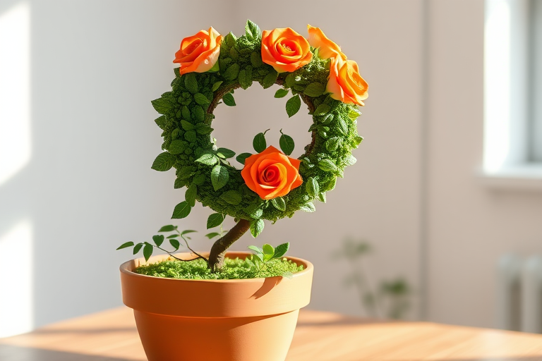 Generate a high-resolution image of a topiary plant shaped like a spiral with orange roses and green leaves in a terracotta pot, using a DSLR camera with a 50mm lens, aperture f/2.8, ISO 100, and soft natural lighting from the left at eye level.