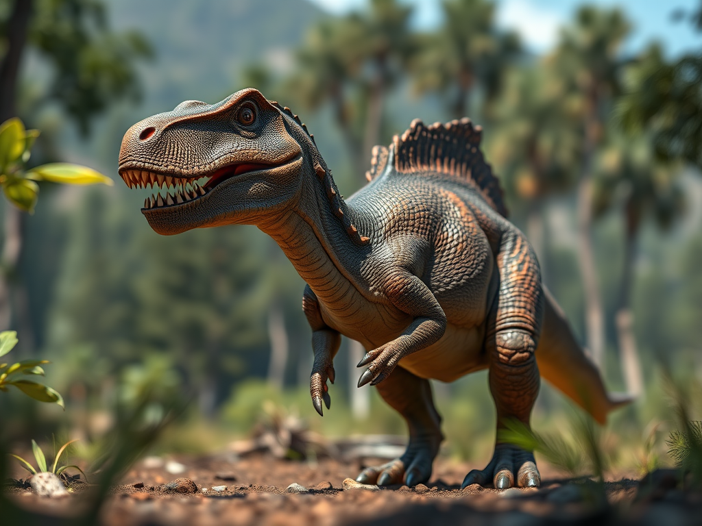 Create a highly detailed render of a dinosaur standing in a natural environment, using a DSLR camera with a 50mm lens at f/2.8, ISO 100, 1/200 sec exposure, taken from a low angle to capture dynamic lighting and emphasize the creature's features.