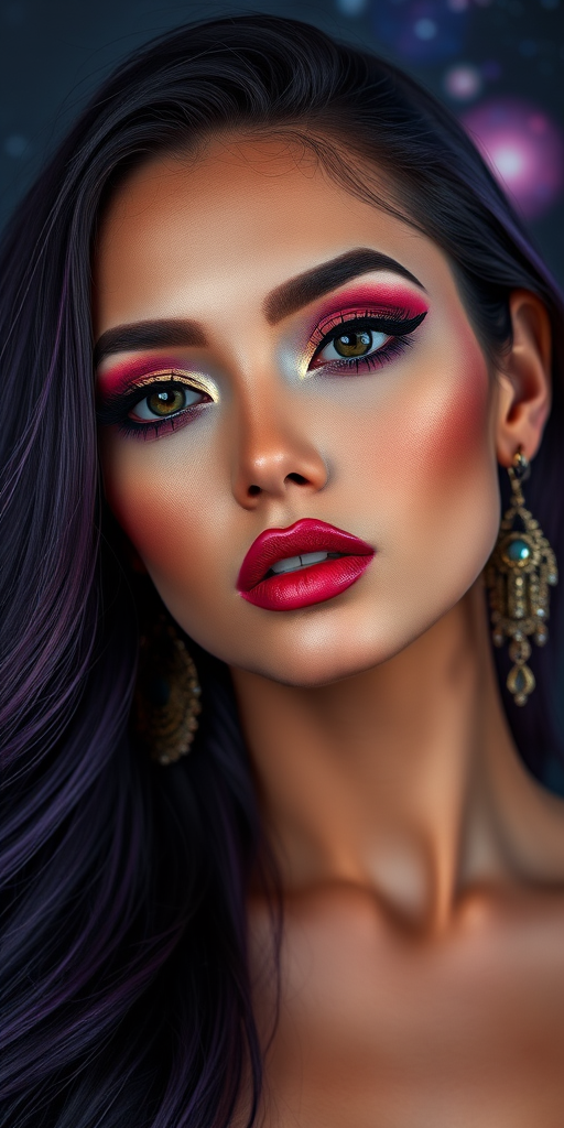 Create a digital portrait of a woman with long, dark purple hair and striking makeup, wearing statement earrings, shot in a soft-focus style with a Canon EOS R5, a 50mm lens at f/1.8, using soft lighting to enhance facial features and a cosmic background with vibrant colors.