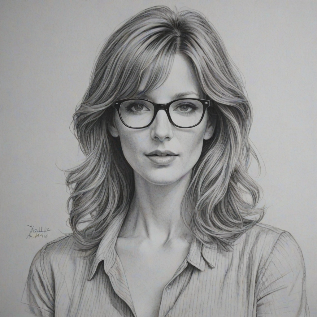 Magnificent Kelly Reilly, pencil sketch, portrait of Delightful woman 1973s in glasses, hair style beatnik, outline, clear lines, fine lines, 8k