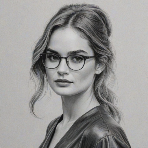 Sublime Lily James, pencil sketch, portrait of Dazzling woman 1978s in glasses, hair style beatnik, outline, clear lines, fine lines, 8k