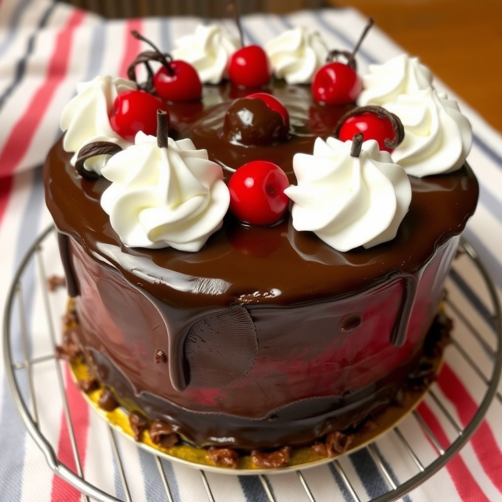 A beautifully decorated chocolate cake with a rich chocolate and cherry topping surrounded by whipped cream and chocolate curls on a wire rack with a striped cloth in the background.