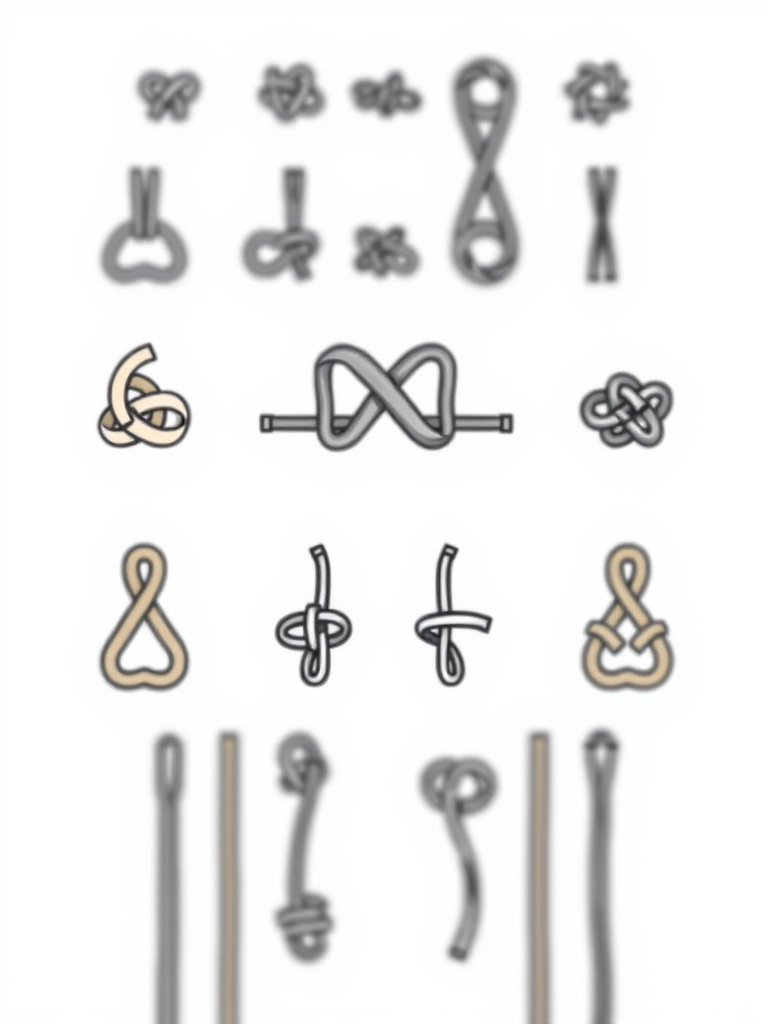 Create a high-resolution illustration of various knot types arranged in a grid format, using a DSLR camera with a 50mm lens at f/1.8, ISO 100, and a shallow depth of field to create a soft background blur, showcasing clear lines and high contrast against a white background.