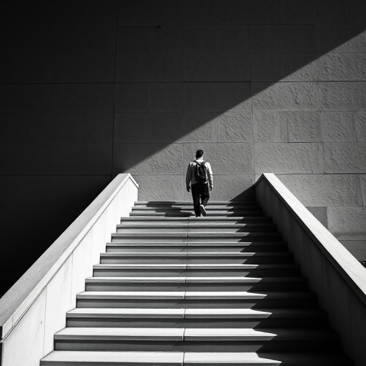 Create a black and white photograph of a person walking up a staircase against a textured wall, using a Canon EOS 5D Mark IV with a 50mm lens, aperture f/8, shutter speed 1/125 sec, ISO 100, capturing a low-angle view to emphasize the staircase and solitary figure.