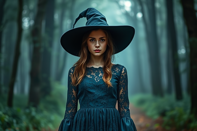 A young woman in a dark teal lace dress and a wide-brimmed witch hat standing in a misty forest, soft natural lighting, 50mm lens, f/1.8 aperture, ISO 100, shallow depth of field, vibrant colors, atmospheric and enchanting mood.