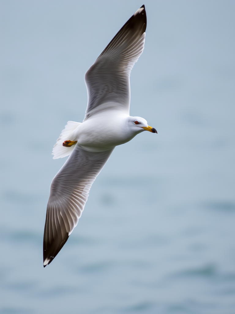 Capture a high-resolution image of a seagull in flight against a soft, blurred background, using a DSLR camera with a 300mm lens, aperture set to f/5.6, shutter speed 1/1000s, ISO 400, shooting in RAW format for enhanced detail and clarity.