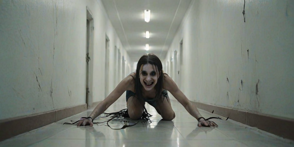 a crooked female with long arms and a creepy smile is crawling along a long white corridor and you can also see cockroaches in it there is a creepy atmosphere creepy art style
