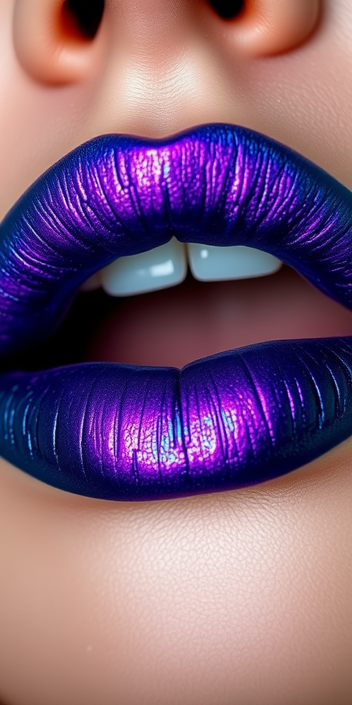Duochrome teal-to-purple lips mesmerize in the "Mermaid's Kiss" design, featuring a unique color-shifting effect that transforms from a deep teal base to a shimmering purple depending on the light and viewing angle, creating a captivating and otherworldly lip look that's perfect for fantasy-themed events or creative editorial shoots