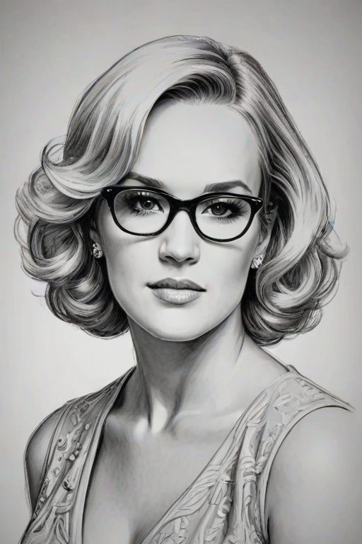 Exquisite Carrie Underwood, pencil sketch, portrait of Graceful woman 1950s in glasses, hair style beatnik, outline, clear lines, fine lines, 8k