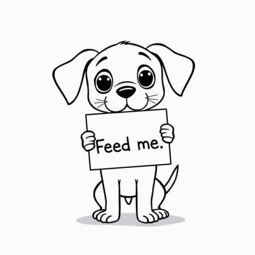 A minimalist cartoon of a PUPPY standing on a blank white background, holding a sign that simply says, 'Feed me.' The puppy is drawn with just a few lines: big eyes, whiskers, floppy ears, and a straight tail, giving it a comically desperate expression.