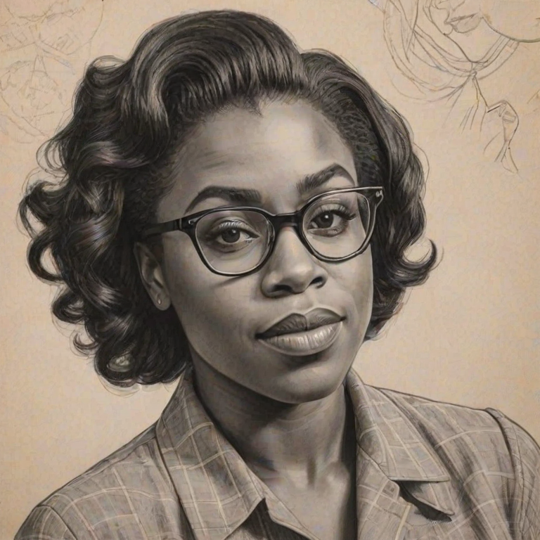 Enchanting Uzo Aduba, pencil sketch, portrait of Appealing woman 1948s in glasses, hair style beatnik, outline, clear lines, fine lines, 8k