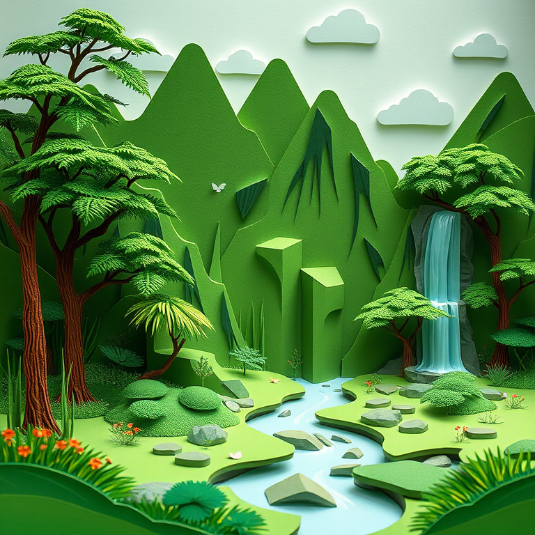 Create a vibrant paper art scene featuring a green, lush landscape with stylized trees and a waterfall, incorporating intricate details and shadows, shot with a Canon EOS R5 at f/8, ISO 100, 50mm, natural light, with a shallow depth of field for a soft background focus.