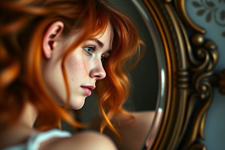 portrait of a young woman with red hair and freckles, looking at her reflection in a vintage mirror, soft natural lighting, shallow depth of field, DSLR camera, 50mm f/1.8 lens, ISO 200, aperture f/2.8, shutter speed 1/125 sec, warm color tones