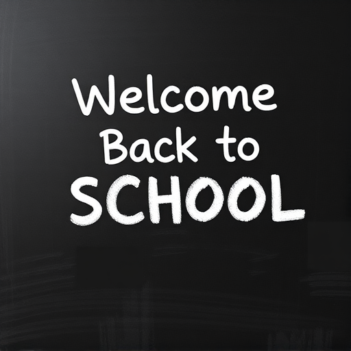 Create an illustration of a blackboard with the text "Welcome Back to SCHOOL" written in playful white letters, using a high-resolution digital camera with a 50mm lens at f/2.8 for shallow depth of field, shot from a frontal view to emphasize the chalkboard, and use natural lighting to enhance clarity and contrast.