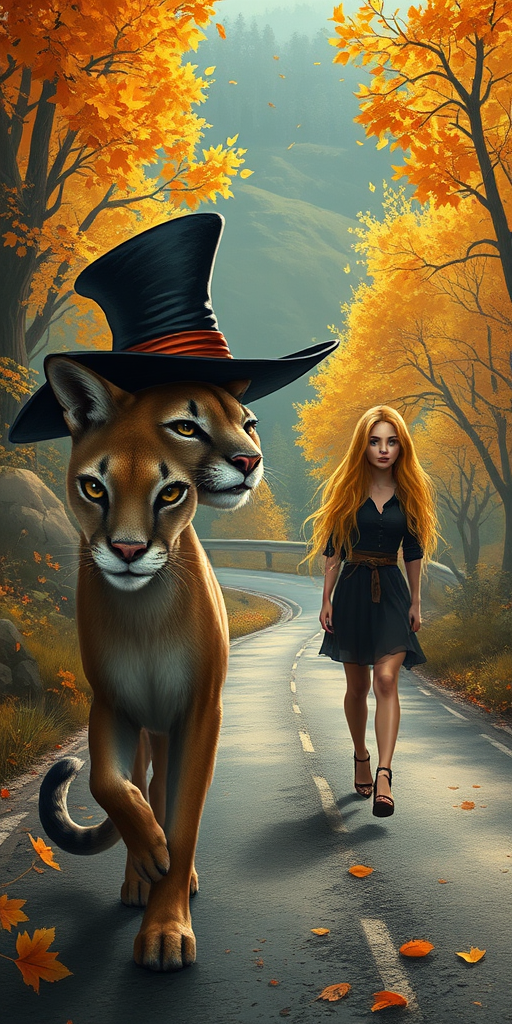 digital art fantasy depicting a strange girl with Yellow hair, long eyelashes, black lipstick and a tall hat walking along a winding road on an autumn afternoon, an Puma smiles as she passes