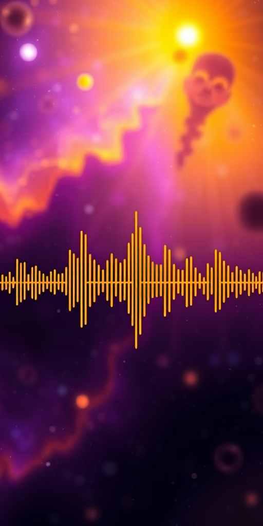 Create a high-resolution digital art of an audio waveform against a cosmic background with vibrant golden and purple hues, camera settings: ISO 100, aperture f/8, shutter speed 1/125s, camera view: wide angle, camera style: macro, camera type: DSLR.