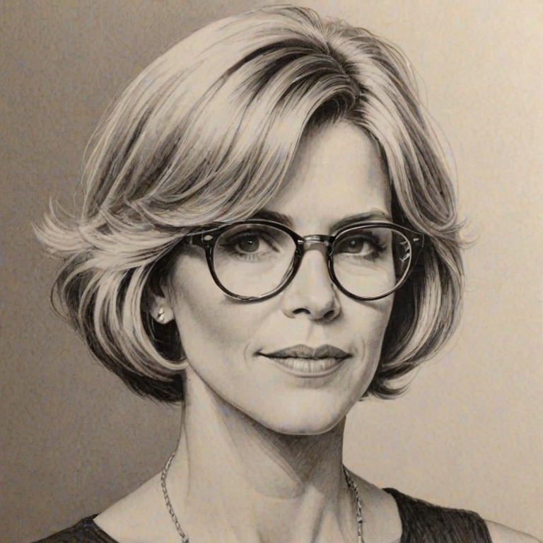 Fascinating Debby Boone, pencil sketch, portrait of Resplendent woman 1922s in glasses, hair style beatnik, outline, clear lines, fine lines, 8k