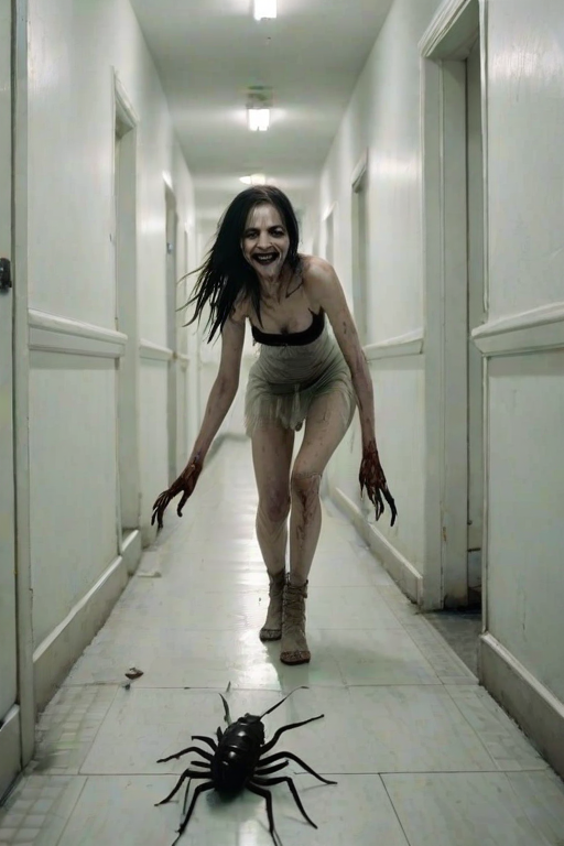 a crooked female with long arms and a creepy smile is crawling along a long white corridor and you can also see cockroaches in it there is a creepy atmosphere creepy art style