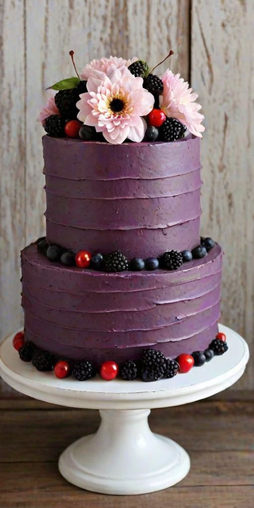 Create an image of a beautifully layered cake on a white pedestal. The cake should have a mix of light and dark purple frosting, decorated with fresh blackberries, cherries, and a large flower on top. Surround the cake with a rustic wooden backdrop and scattered flowers for an elegant presentation.