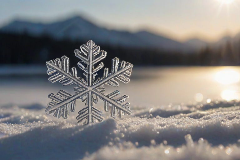 Close-up of an intricate snowflake resting on a dark mitten, soft light highlighting its delicate crystalline structure, with a blurred winter landscape softly visible in the background.