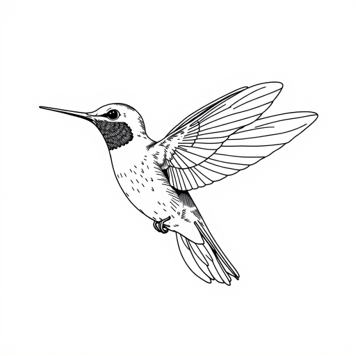 Create a detailed illustration of a hummingbird in flight with intricate linework on a white background, shot with a Canon EOS R5, 85mm lens, f/8 aperture, 1/250s shutter speed, and natural lighting to highlight the delicate feathers and dynamic pose.