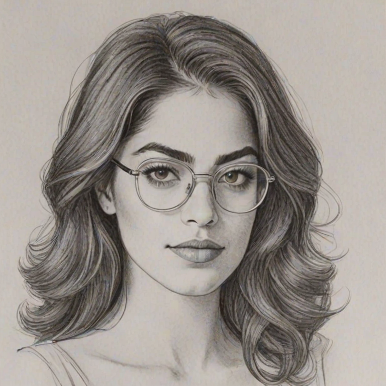 Elegant Inbar Lavi, pencil sketch, portrait of Delightful woman 1979s in glasses, hair style beatnik, outline, clear lines, fine lines, 8k
