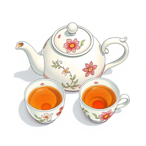 Create a detailed illustration of a teapot and two cups of tea with floral designs, using a DSLR camera with a 50mm lens, aperture set to f/2.8, ISO 100, natural lighting, and a top-down view to enhance the image quality.