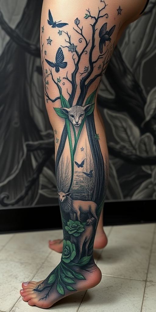 Enchanting body tattoo of a mystical forest scene spanning the entire leg, incorporating photorealistic animals and fairy-tale elements in soft grayscale shading with pops of emerald green