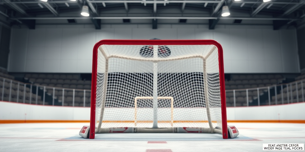generate a high-quality image of a red hockey goal with a net, shot with a DSLR camera at f/2.8, ISO 100, 1/200s, using a wide-angle lens, in a well-lit indoor rink setting