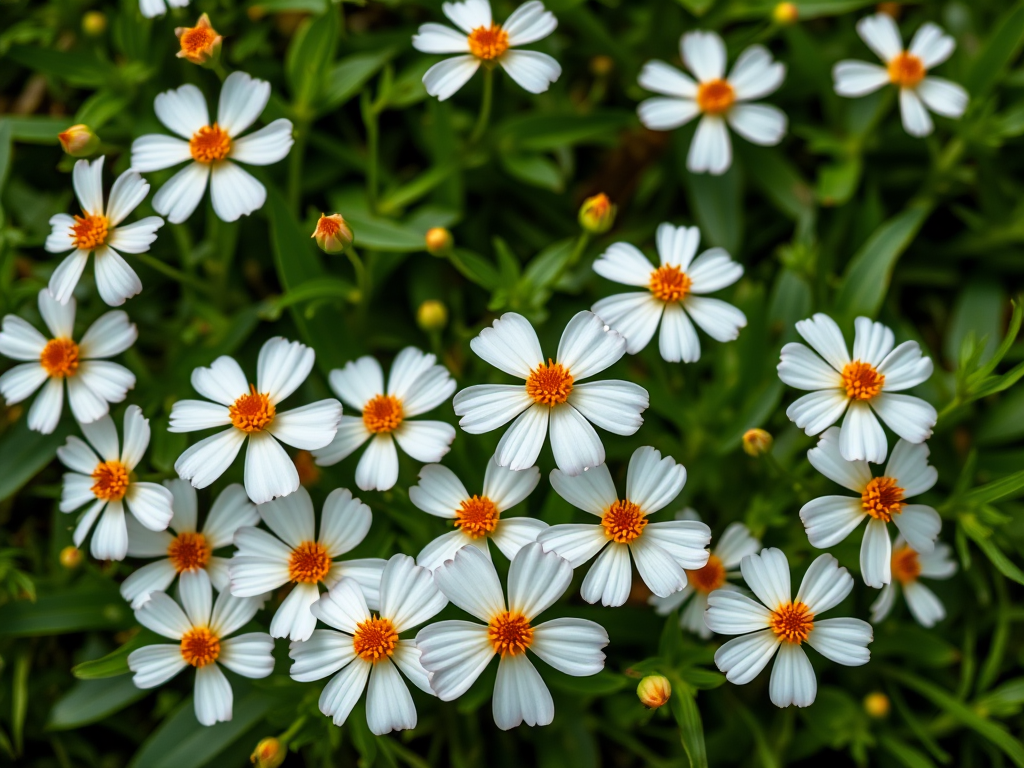 Create a vibrant pattern of white flowers with orange centers on a lush green background captured with a DSLR camera at f/2.8, ISO 100, and a 50mm lens in natural lighting to enhance image quality.