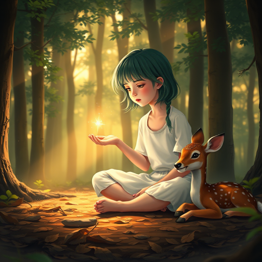 A luminous digital painting of a serene forest scene featuring a barefoot young female, about 7 years old, with green hair and fair skin, dressed in a simple white outfit. He sits cross-legged on the forest floor, gazing at a small, glowing, magical firefly in his hand. Beside him, a delicate spotted deer lies calmly on a bed of dried leaves, observing the scene. The dense forest is bathed in warm, golden light filtering through the trees, creating a peaceful, magical atmosphere with a blend of natural and mystical elements.