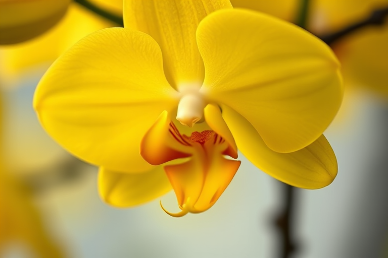 regenerate an image of a vibrant yellow orchid flower with a soft-focus background, captured with a Canon EOS R5, 85mm lens, aperture f/1.8, shutter speed 1/200s, ISO 100, natural lighting, macro view, emphasizing delicate petal details and a smooth bokeh effect