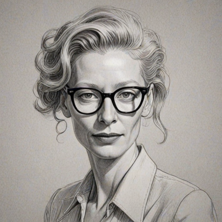 Comely Tilda Swinton, pencil sketch, portrait of Charming woman 1940s in glasses, hair style beatnik, outline, clear lines, fine lines, 8k