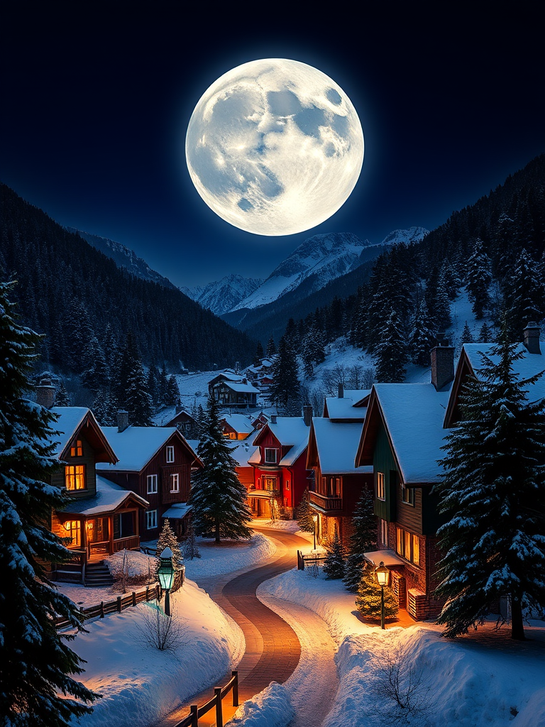 A charming snowy village at night with a large moon in the background, mountains in the distance, detailed houses with colorful facades, evergreen trees surrounding the scene, shot with a DSLR camera at f/8 aperture, 24mm lens, ISO 200, in twilight conditions for vibrant colors.