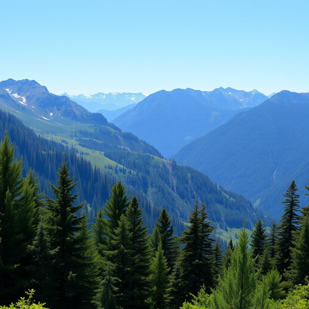 Generate an image of a serene mountain landscape with a clear blue sky and green trees in the foreground, captured with a DSLR camera at 24mm focal length, aperture f/8, ISO 100, with a panoramic view in natural light.
