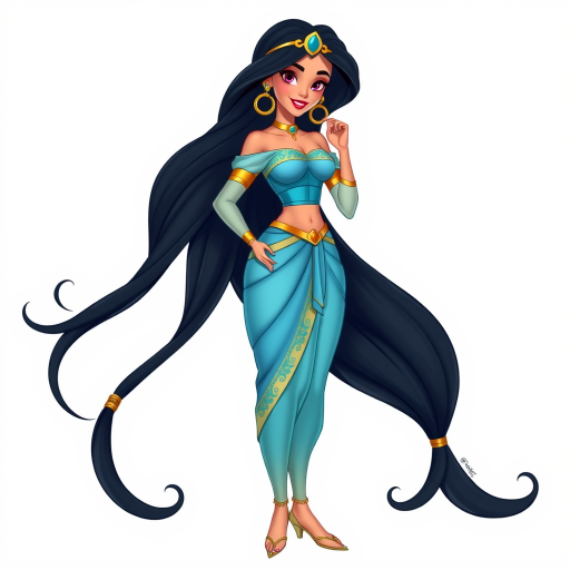 Create an illustration of an animated princess jasmine of aladdin with long dark hair, wearing a detailed flowing blue outfit and gold accessories. She stands confidently, exuding charm and grace.