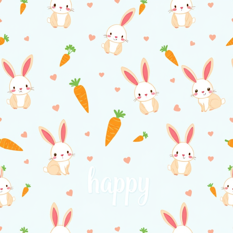 Create a seamless pattern featuring cute cartoon rabbits with long ears, colorful carrots, and the word "happy" in a whimsical font on a soft blue background, captured with a digital camera, 50mm lens, f/2.8 aperture, ISO 200, high-resolution setting.