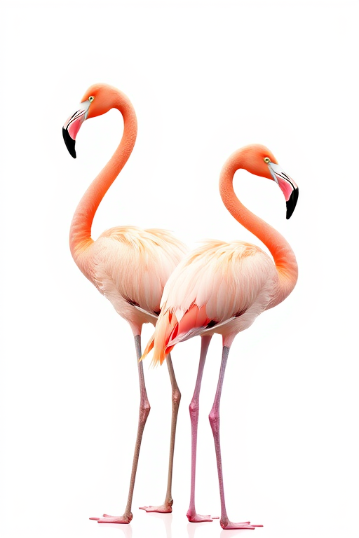 Create a vector-style illustration of two pink flamingos standing back to back, with detailed feathers and shiny beaks, shot with a Canon EOS 5D Mark IV at f/4, ISO 100, 50mm lens, natural lighting, high-resolution, on a transparent background.