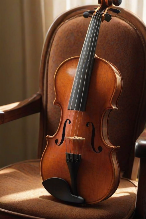 Sharp, detailed close-up of a violin resting on a chair, soft light reflecting off the wood grain, a bow lying beside it, the smell of polished wood and rosin filling the air, sunlight streaming through a nearby window.