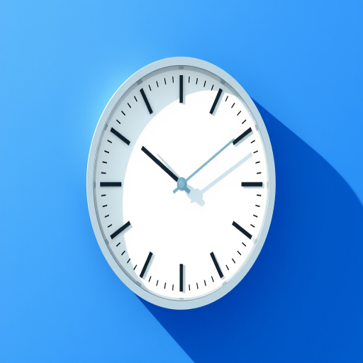 Create a vector-style illustration of a minimalist clock with a white clock face, blue background, and a sleek modern design, using a Canon EOS R camera with a 50mm lens, aperture set to f/2.8, ISO 100, and soft natural lighting to enhance color vibrancy.