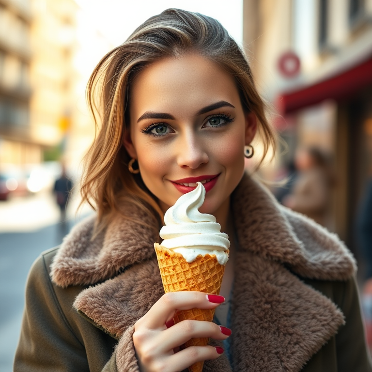 portrait of a woman enjoying an ice cream cone in a stylish shearling jacket, soft natural lighting, shallow depth of field, aperture f/2.8, ISO 100, 50mm lens, shot with a DSLR camera, outdoor urban setting, capturing vibrant colors and detailed textures