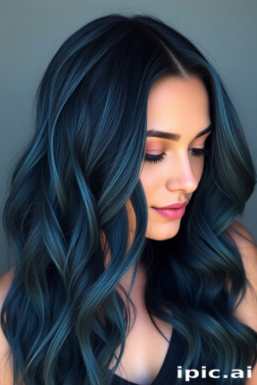 Midnight blue hair color styled in loose beach waves, Oceanic Dreams look, mimicking the depths of the sea with subtle navy and teal undertones