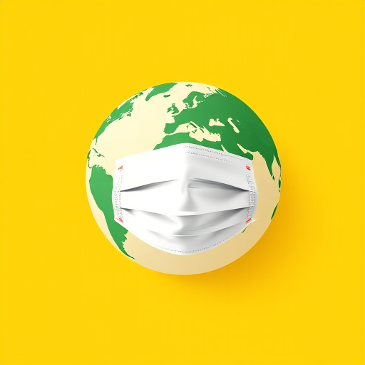 Create a vector illustration of a globe with a white face mask on it, flat design, bright yellow background, camera settings: ISO 100, aperture f/8, shutter speed 1/60s, camera view: front view, camera style: minimalist, camera type: digital art.