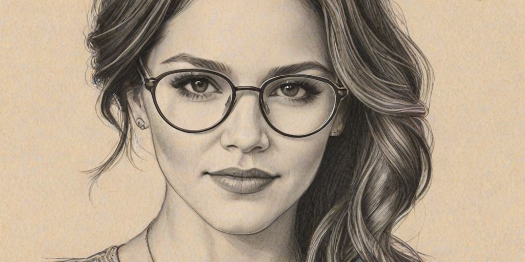 Delightful Katherine McPhee, pencil sketch, portrait of Delightful woman 1921s in glasses, hair style beatnik, outline, clear lines, fine lines, 8k