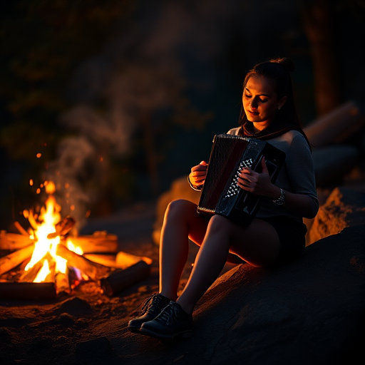 Create a high-quality night scene of a woman playing an accordion while sitting on a rock near a campfire, using a DSLR camera with a 50mm lens, aperture set to f/1.8, ISO 200, shot in a shallow depth of field with natural lighting to enhance the vibrant colors and details of the fire and surroundings.