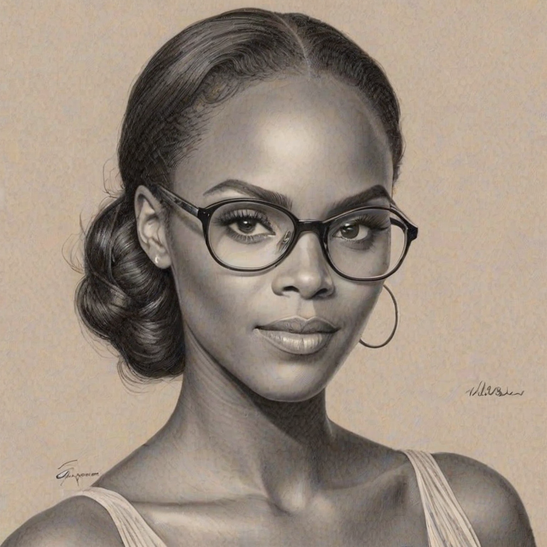 Captivating Tika Sumpter, pencil sketch, portrait of Enchanting woman 1938s in glasses, hair style beatnik, outline, clear lines, fine lines, 8k