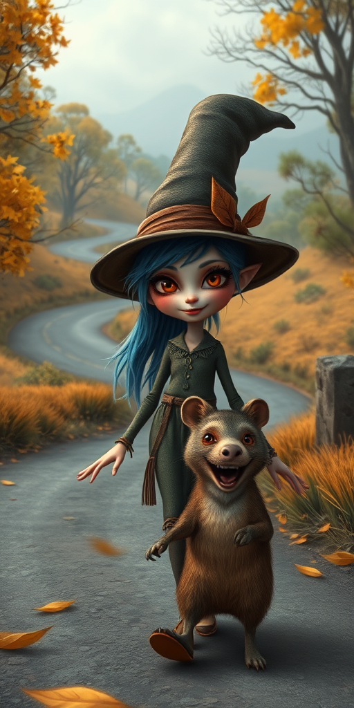 digital art fantasy depicting a strange girl with blue hair, long eyelashes, brown lipstick and a tall hat walking along a winding road on an autumn afternoon, an Numbat smiles as she passes