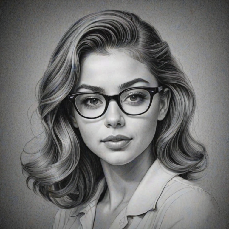 Comely Sarah Hyland, pencil sketch, portrait of Alluring woman 1941s in glasses, hair style beatnik, outline, clear lines, fine lines, 8k